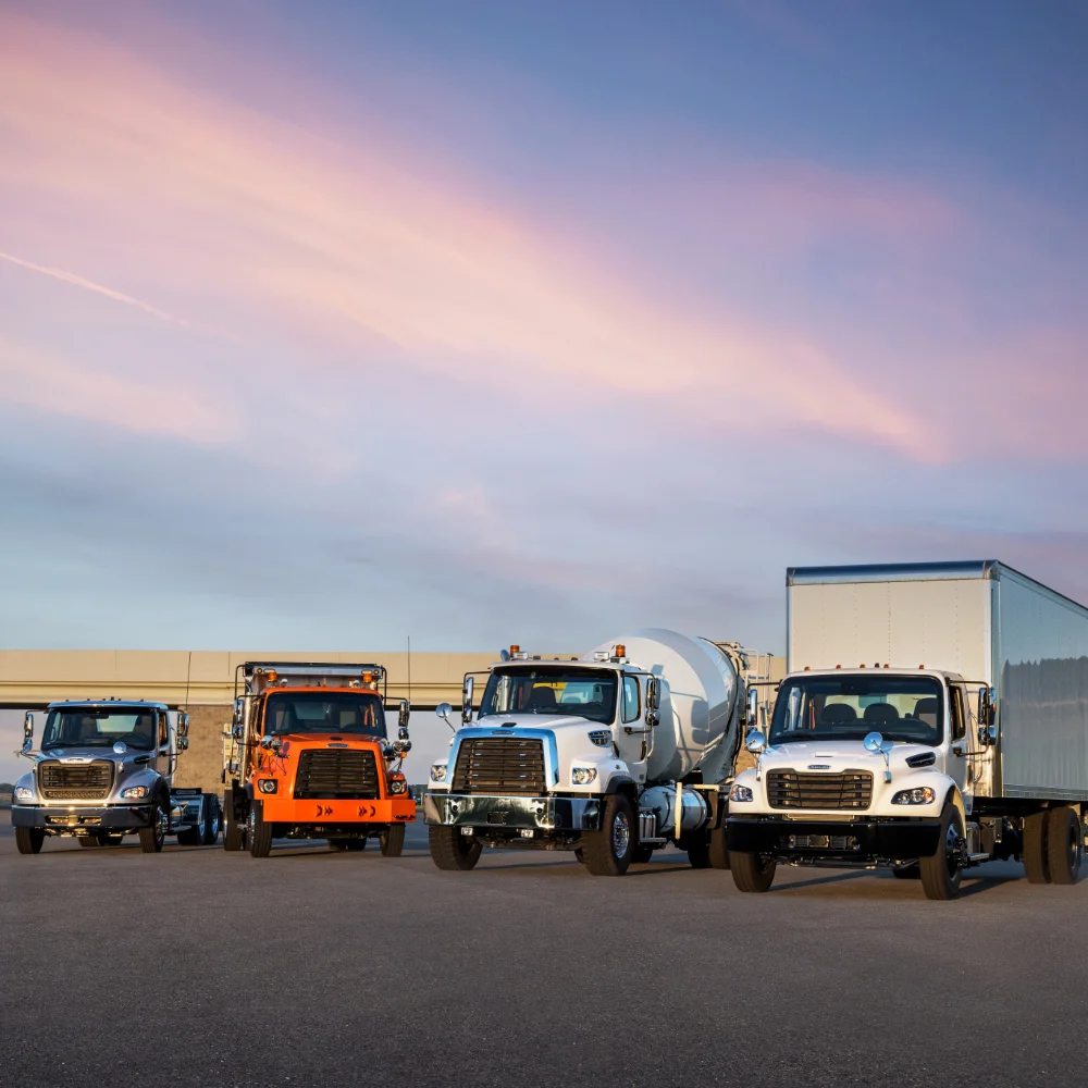 Diverse fleet of Freightliner trucks parked in a row during sunset with beautiful pink and blue skies above
